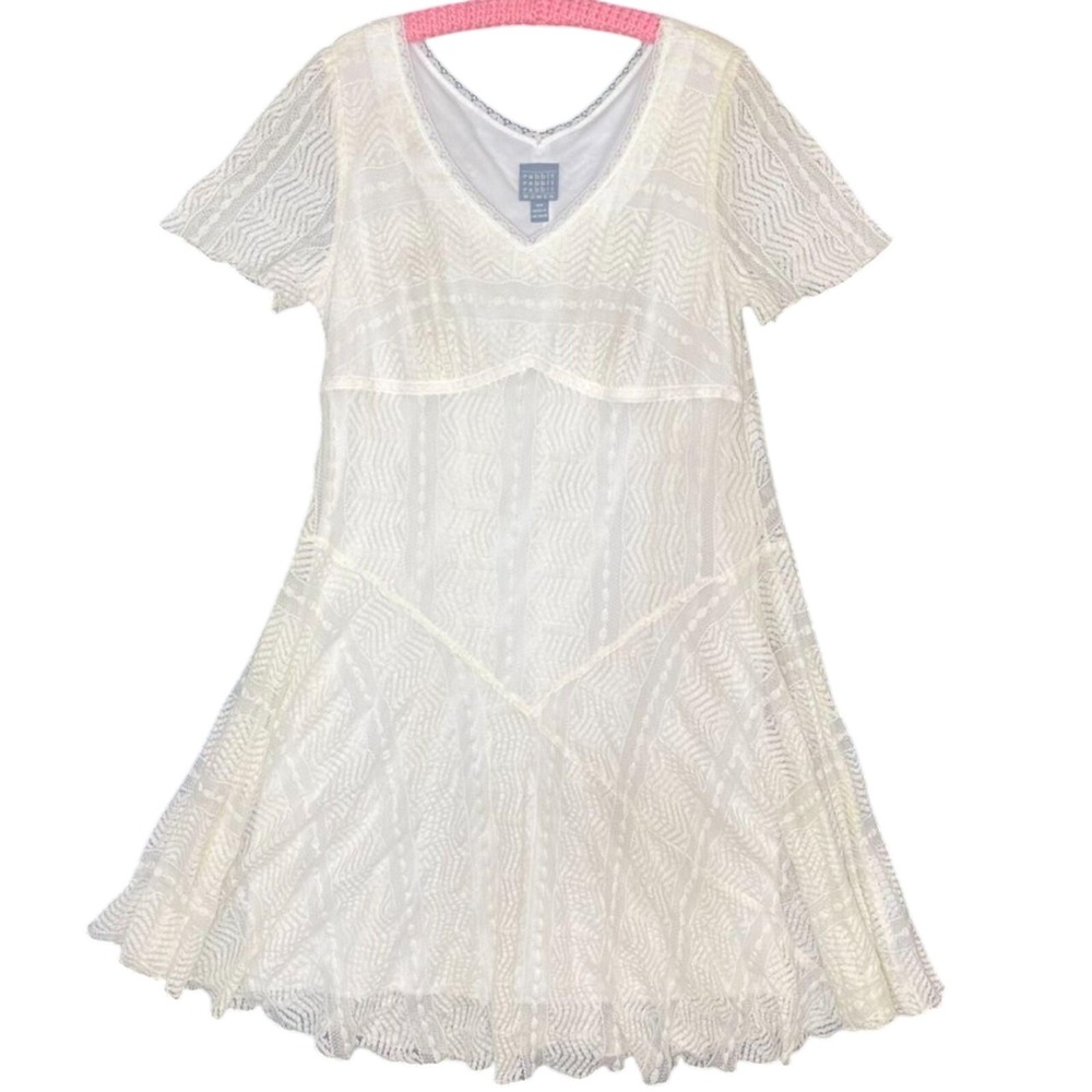 Rabbit Rabbit Rabbit 16W Ivory Lace Fit & Flare Pleat Illusion Midi Dress